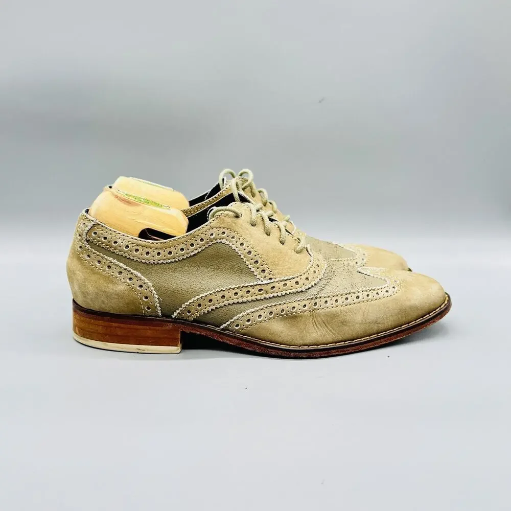 Cole Haan Shoes Mens 9 Beige Green Suede Wingtip Oxford Dress Brogue Rubber Sole